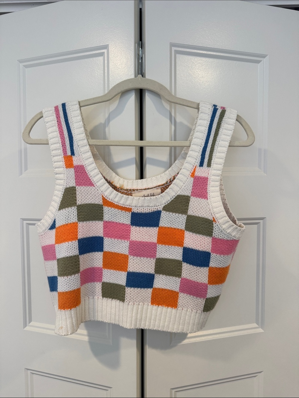 Checker Knit Crop Tank Top in White with Multicolor Blocks